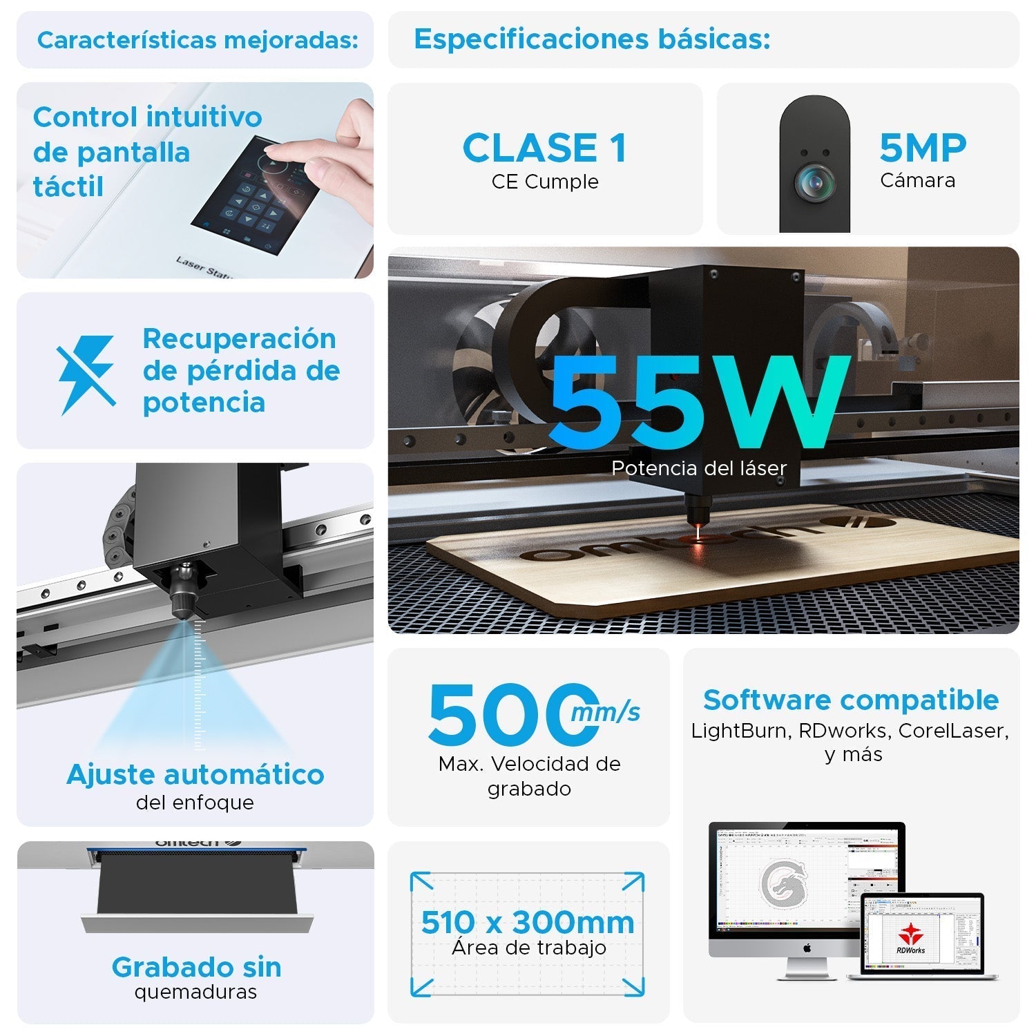 55W Polar+ Desktop Máquina de Grabado y Corte Láser CO2 con Cámara y Área de Trabajo 510×300mm