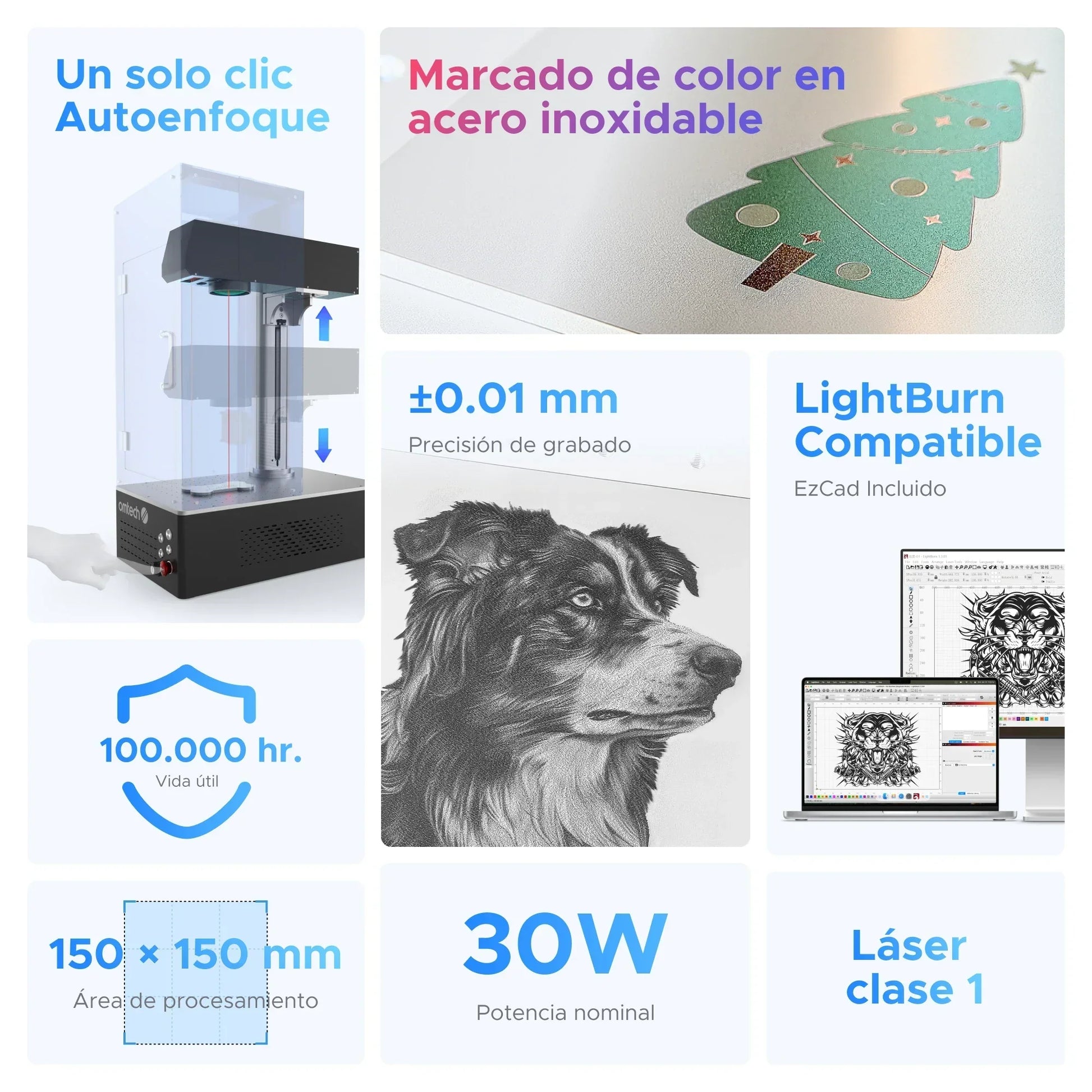 30W Marcador Láser de MOPA para Marcado de Colores en Metales, Enfoque automático | M30C